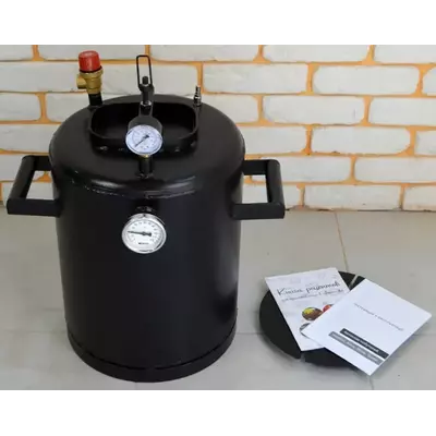Автоклав Троян-16, на 16 банок, газовий, вуглецева сталь, 22 л., для тушонки, самопритискна кришка, фото 